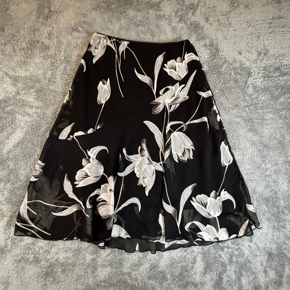 Floral Tulip Print Chiffon Midi Skirt Black White Elastic Waist A-Line